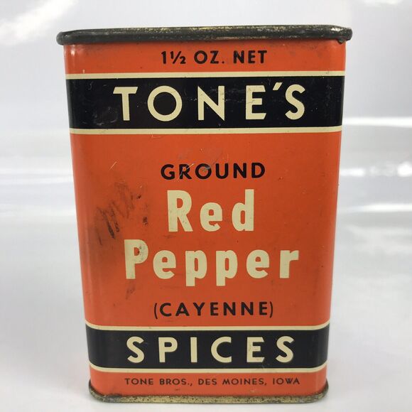 Tones Spice Tin Red Cayenne Pepper Tone Bros Des Moines VTG Advertising - Picture 1 of 10